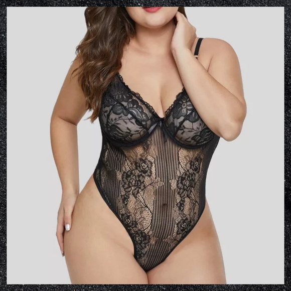 Dazed Fantasy Other - 💋Black Sheer Floral Lace Teddy Bodysuit Plus Size